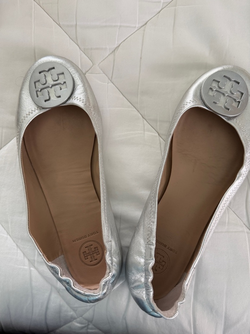 Tory Burch Metallic Silver Logo Ballet Flats